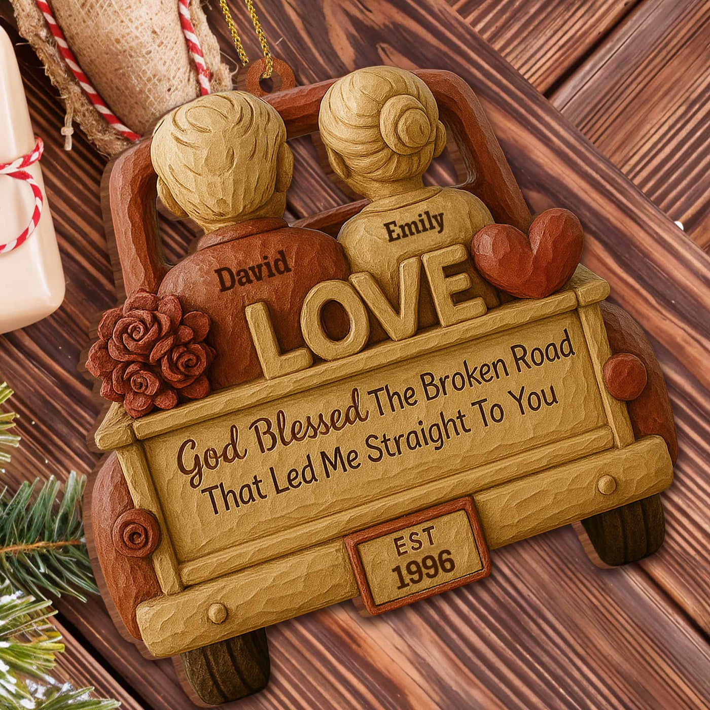 God Blessed The Broken Road, Car And Hearts Design - Personalized Custom Wood Ornament, Custom Shaped - CPL672_WDO