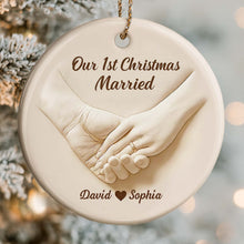 Our 1st Christmas Engaged, Hands With Ring - Personalized Custom Ceramic Ornament With Round Shape - CPL773_RCE