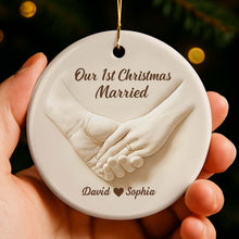 Our 1st Christmas Engaged, Hands With Ring - Personalized Custom Ceramic Ornament With Round Shape - CPL773_RCE