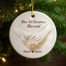 Our 1st Christmas Engaged, Hands With Ring - Personalized Custom Ceramic Ornament With Round Shape - CPL773_RCE