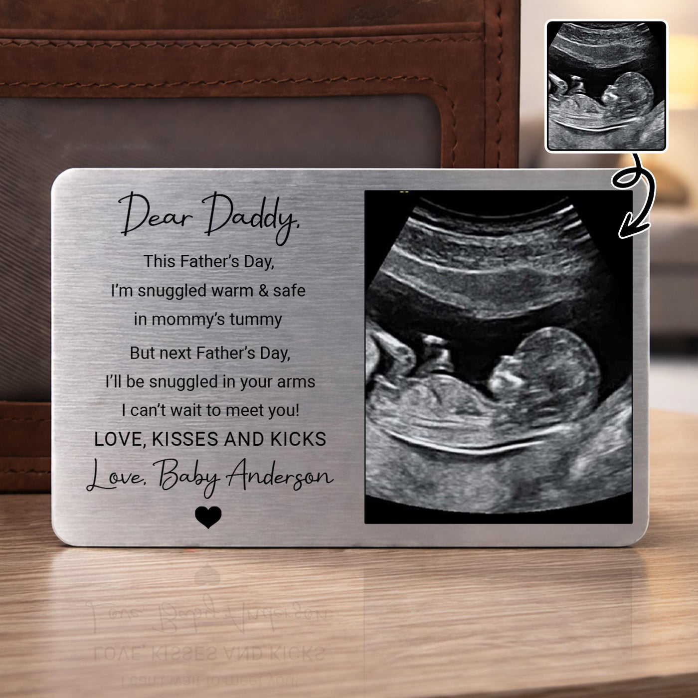 Dear Daddy Snuggled In Mommy's Tummy Ultrasound Photo Wallet Card - Personalized Aluminum Wallet Card - DAD524_ALCA