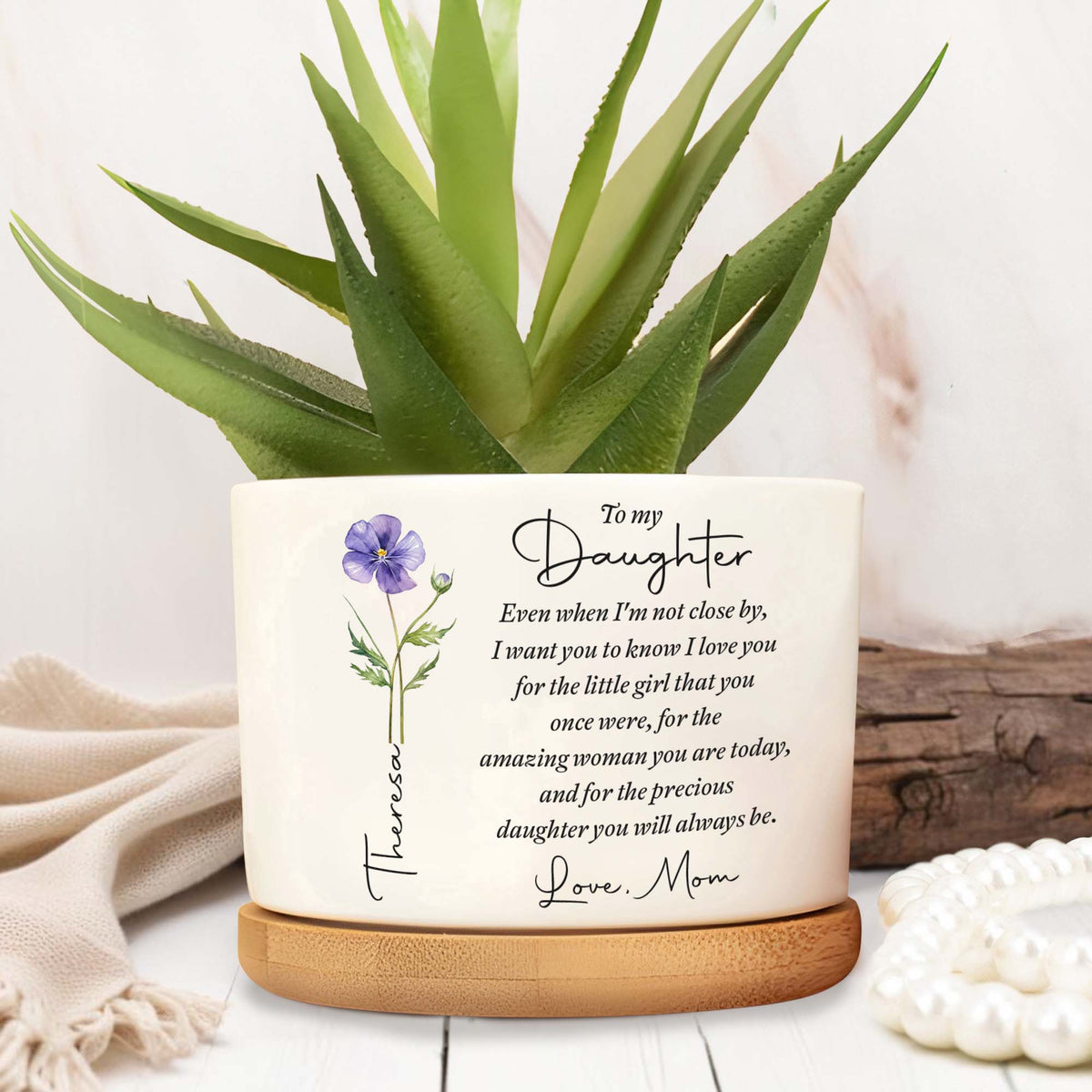 To My Daughter I Love You Birth Month Flower - Personalized Ceramic Plant Pot - DAU403_CEP