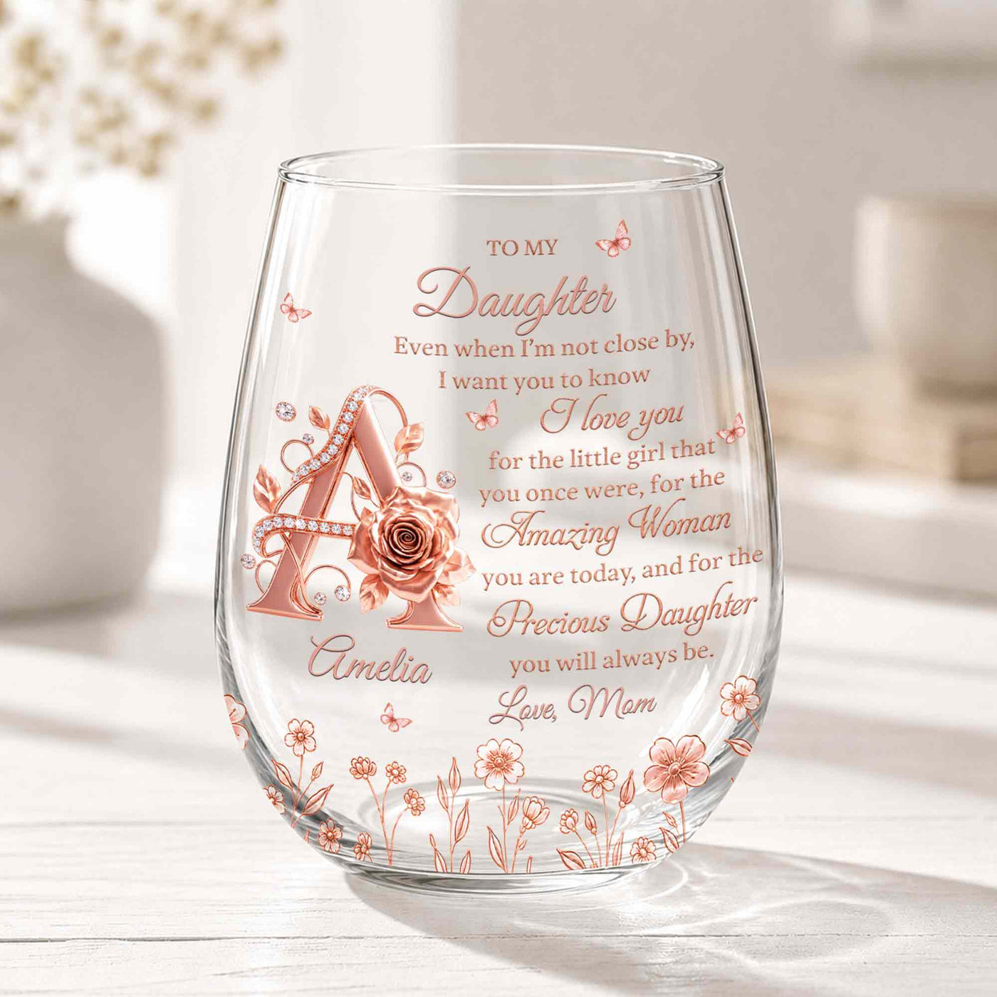 To My Daughter Amazing Woman Rose Gold Alphabet Flower - Personalized Stemless Wine Glass - DAU707_WIGL