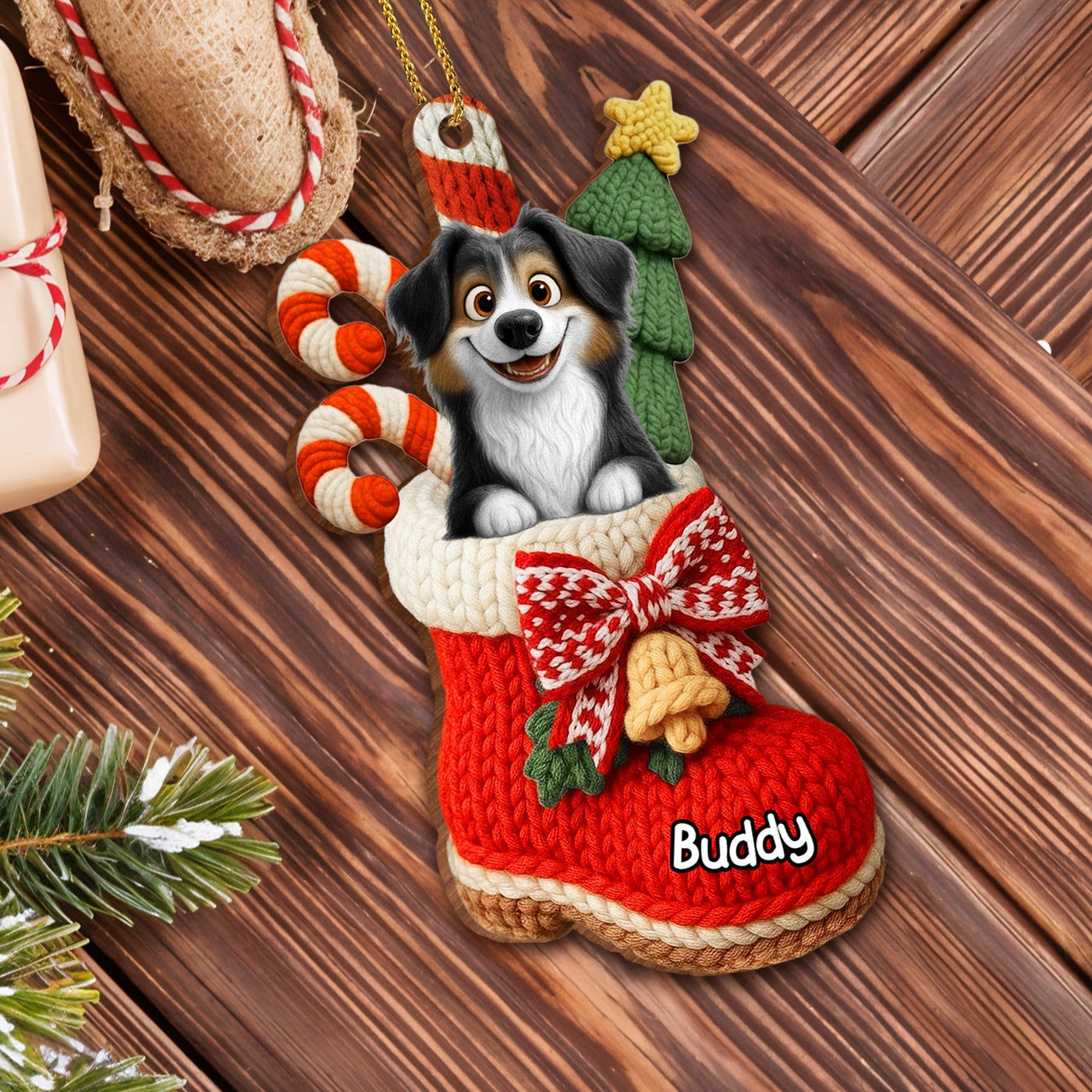 To My Beloved Companion, Christmas Stocking With Dog And Candy Canes - Personalized Custom Wood Ornament, Custom Shaped - DOG107_WDO