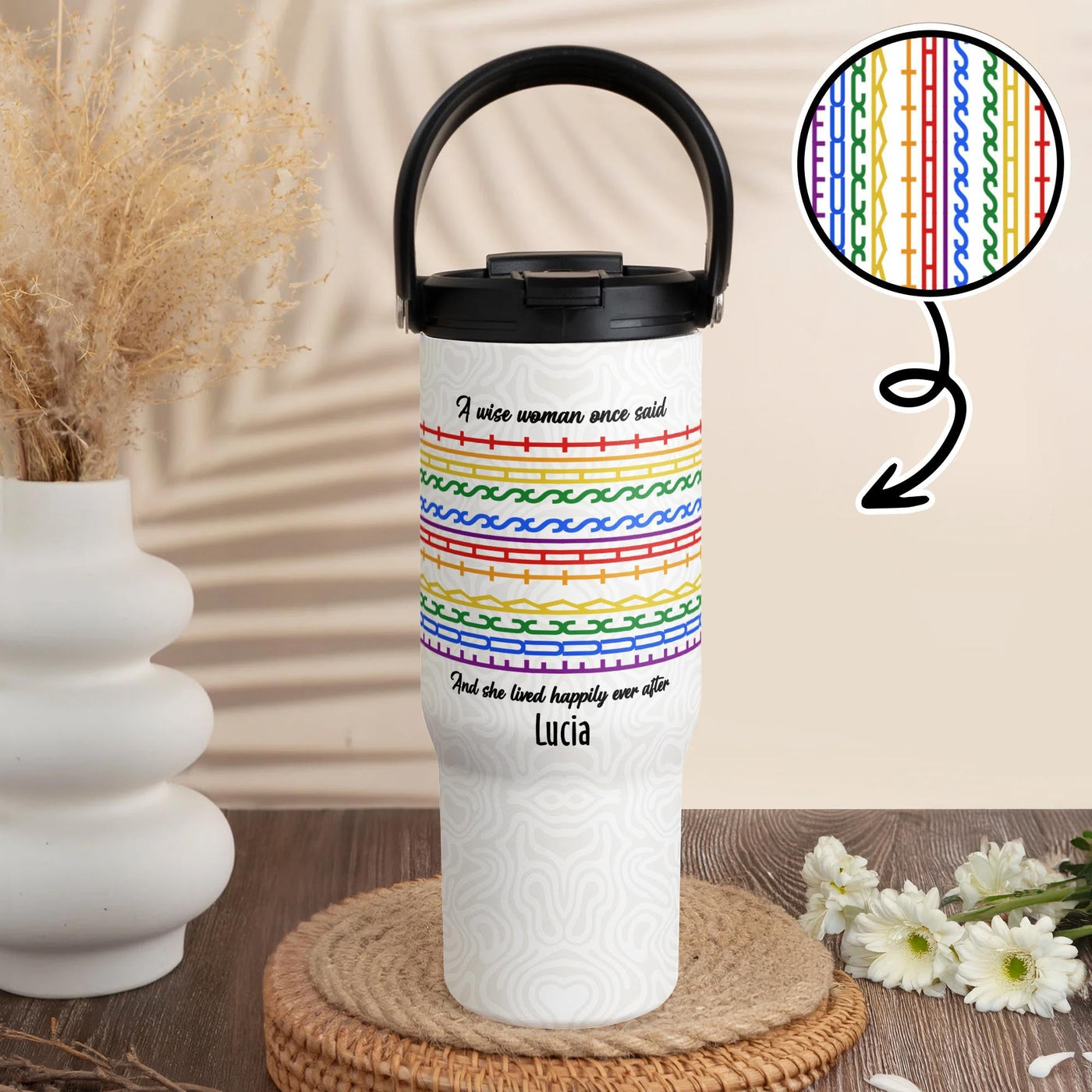 A Wise Woman Once Said And Lived Happily Ever After Colorful Patterns - Personalized 30oz Tumbler With Handle - DTG039_TBH
