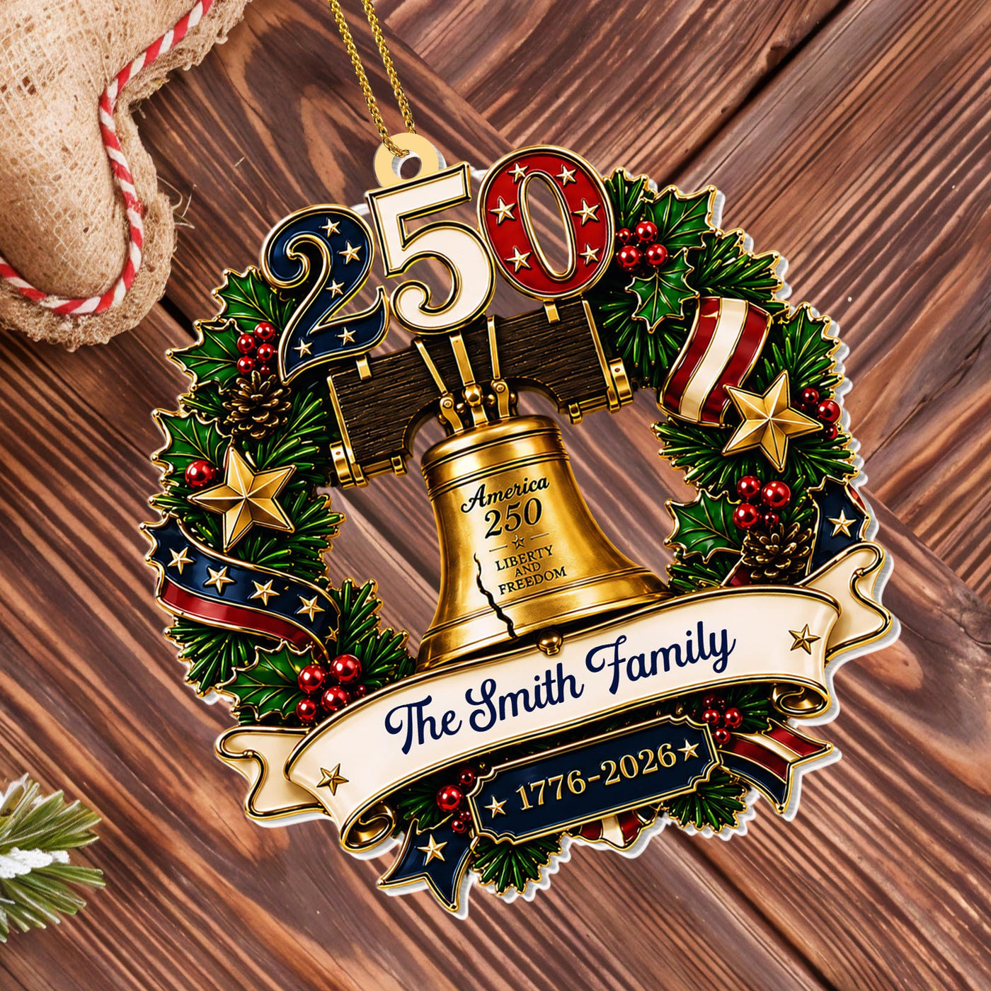 America Liberty and Freedom Wreath With Liberty Bell and Family Name - Personalized Custom Acrylic Ornament, Christmas Gift - FAM1015_ACO