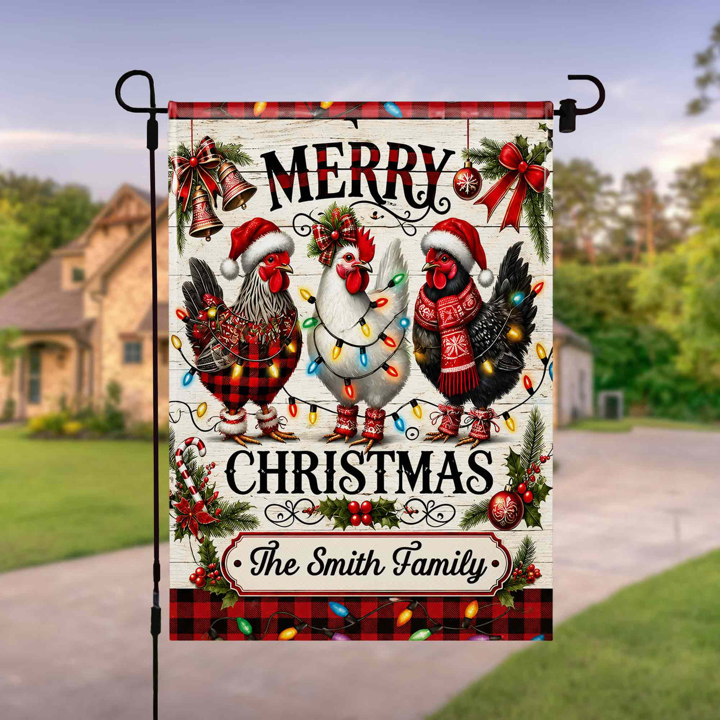 Merry Christmas Our Family With Festive Chickens And Holiday Lights - Personalized Flag - FAM1016_GAF
