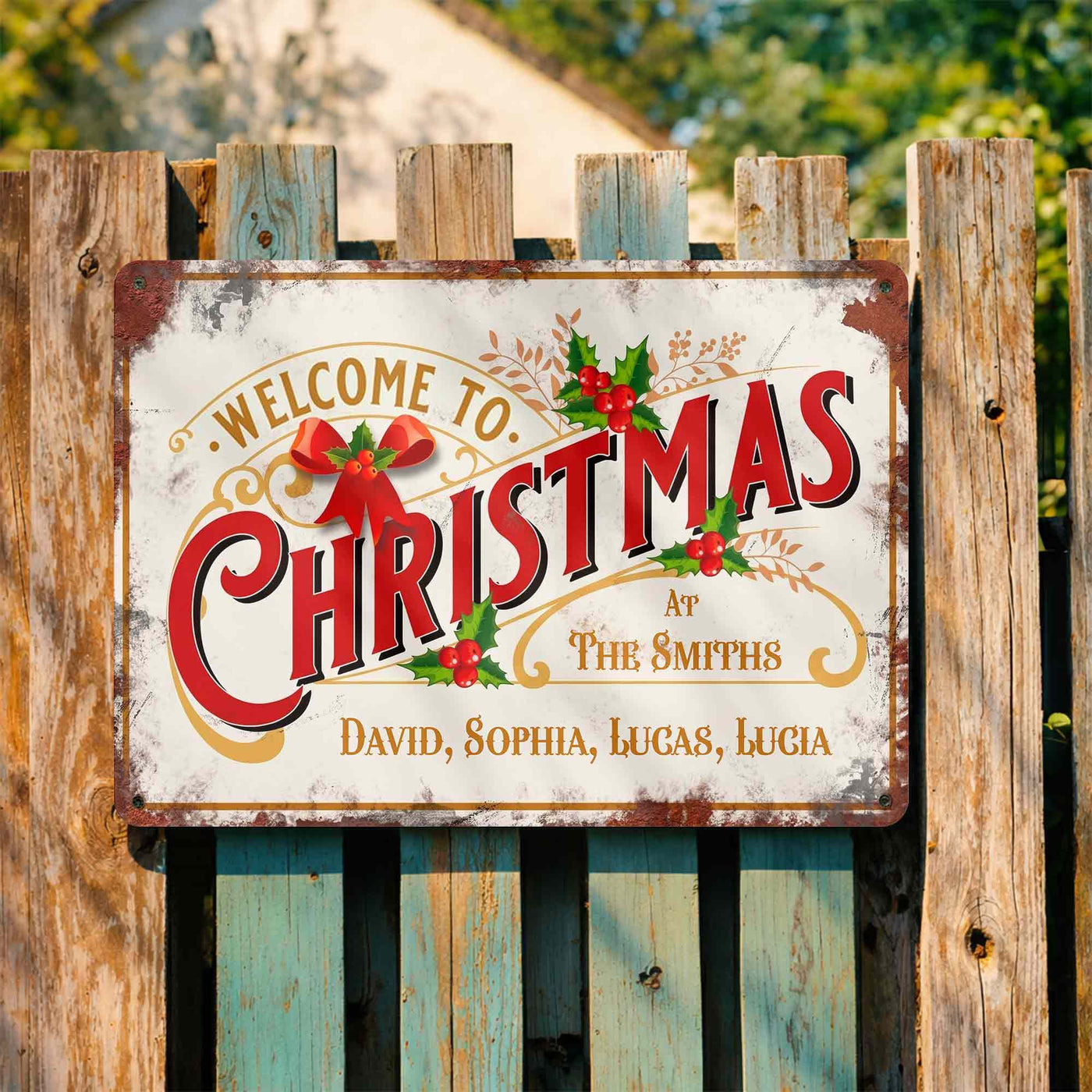 Welcome To Christmas At Our Family With Holly Berries And Ribbons - Personalized Metal Sign - FAM1052_MSIGN