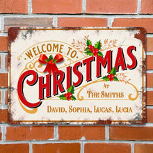 Welcome To Christmas At Our Family With Holly Berries And Ribbons - Personalized Metal Sign - FAM1052_MSIGN