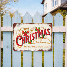 Welcome To Christmas At Our Family With Holly Berries And Ribbons - Personalized Metal Sign - FAM1052_MSIGN