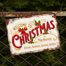 Welcome To Christmas At Our Family With Holly Berries And Ribbons - Personalized Metal Sign - FAM1052_MSIGN