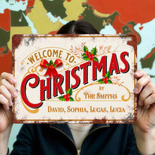 Welcome To Christmas At Our Family With Holly Berries And Ribbons - Personalized Metal Sign - FAM1052_MSIGN