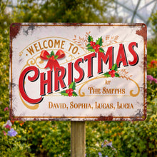Welcome To Christmas At Our Family With Holly Berries And Ribbons - Personalized Metal Sign - FAM1052_MSIGN
