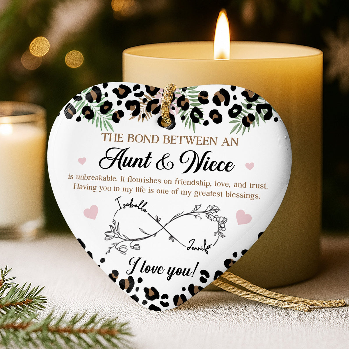 The Bond Between An Aunt & Niece, Hearts, Floral Design - Personalized Custom Ceramic Ornament With Heart Shape - FAM777_HCE