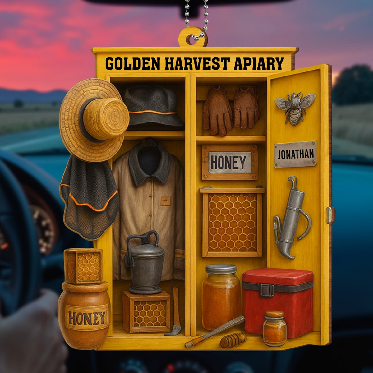 Golden Harvest Apiary With Bee And Equipment - Personalized Custom Wood Ornament, Car Hanging Ornament - FARM014_WCA