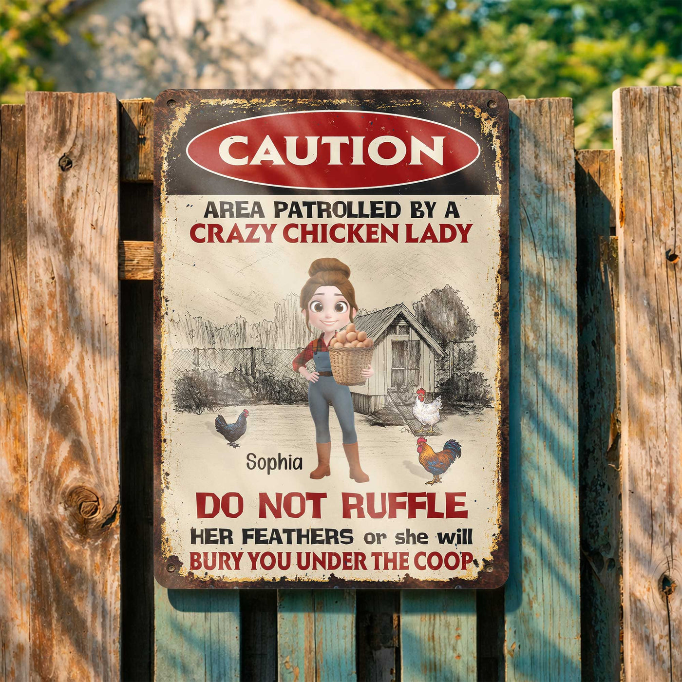 Area Patrolled By A Crazy Chicken Lady Do Not Ruffle Feathers Farm Sign - Personalized Metal Sign - FARM063_MSIGN
