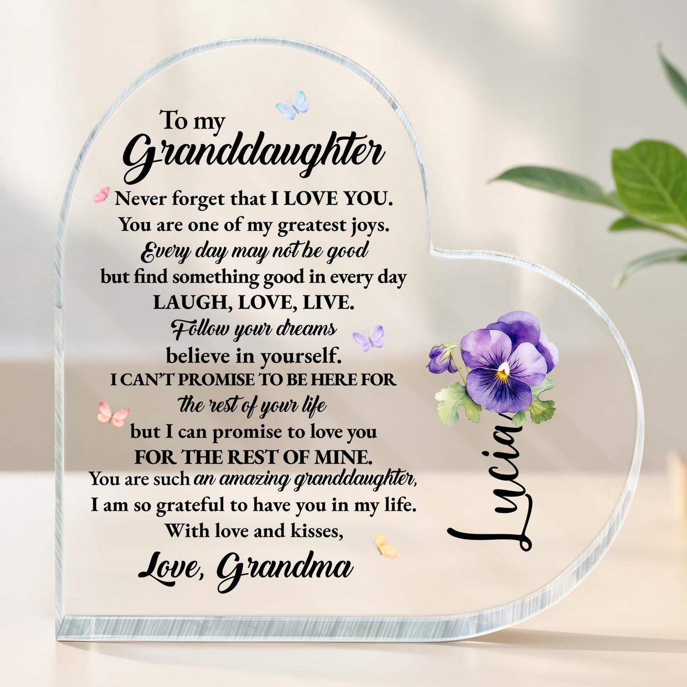 Love And Life Promises To Granddaughter With Butterflies And Flowers - Personalized Heart Shaped Acrylic Plaque - GDT123_HAP