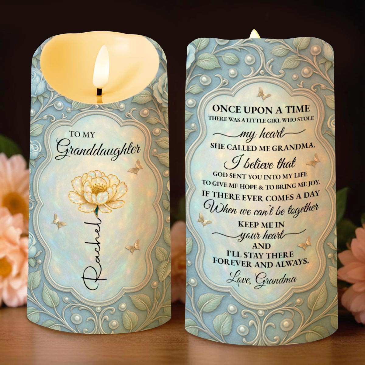 To My Granddaughter, Love Always With Flower And Butterflies - Personalized Custom LED Candle - GDT403_LECA