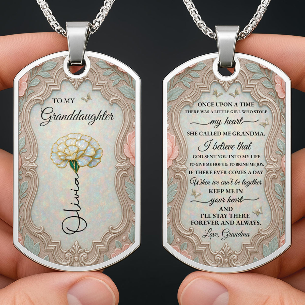 To My Granddaughter Once Upon A Time Flower And Butterfly - Personalized Custom Dog Tag Necklace - GDT557_DTNECK