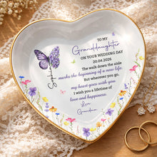 To My Granddaughter On Your Wedding Day Butterfly And Wildflowers Ceramic Dish - Personalized Custom Jewelry Dish, Ceramic Dish, Heart Shape - GDT815_HCRF