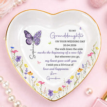 To My Granddaughter On Your Wedding Day Butterfly And Wildflowers Ceramic Dish - Personalized Custom Jewelry Dish, Ceramic Dish, Heart Shape - GDT815_HCRF