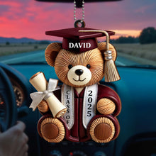 Graduation Teddy Bear With Cap And Diploma - Personalized Custom Wood Ornament, Car Hanging Ornament - GRAD005_WCA