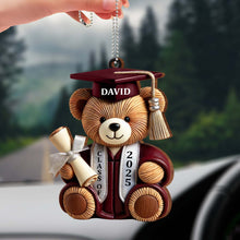 Graduation Teddy Bear With Cap And Diploma - Personalized Custom Wood Ornament, Car Hanging Ornament - GRAD005_WCA