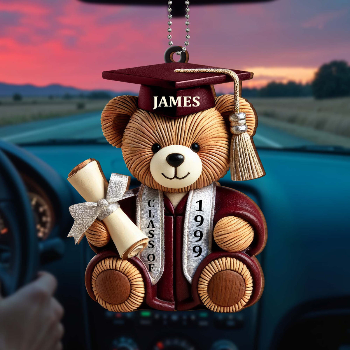 Graduation Cap, Diploma, Teddy Bear - Personalized Custom Wood Ornament, Car Hanging Ornament - GRAD021_WCA