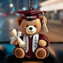 Graduation Cap, Diploma, Teddy Bear - Personalized Custom Wood Ornament, Car Hanging Ornament - GRAD021_WCA