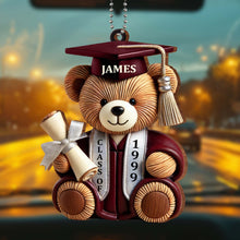 Graduation Cap, Diploma, Teddy Bear - Personalized Custom Wood Ornament, Car Hanging Ornament - GRAD021_WCA