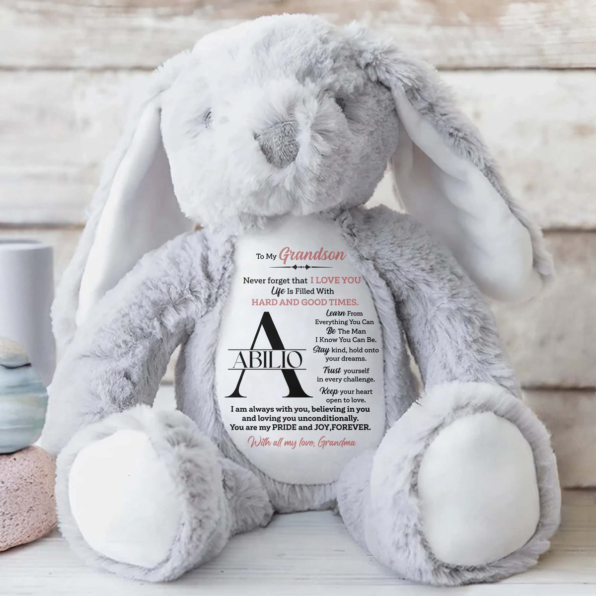 To My Grandson, Never forget that I LOVE YOU, Stuffed Bunny - Personalized Stuffed Bunny - GSN002_BUN