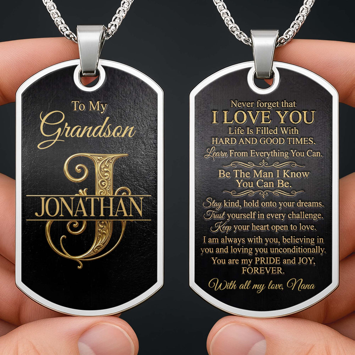 To My Grandson Custom Split Initial Monogram Name - Personalized Custom Dog Tag Necklace - GSN070_DTNECK