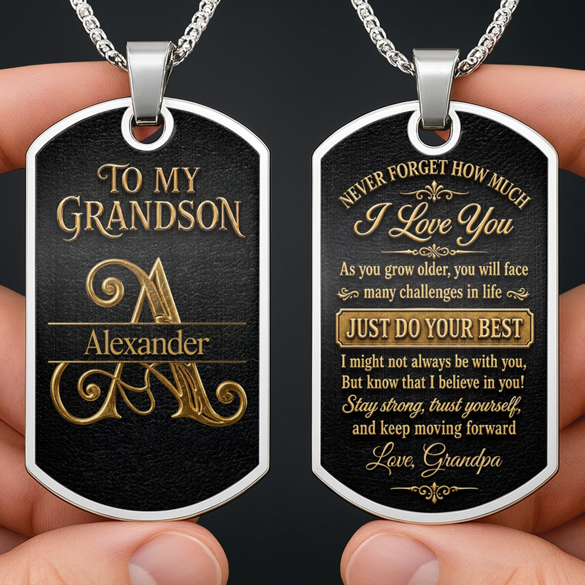 To My Grandson Never Forget How Much I Love You Golden Alphabet Letters - Personalized Custom Dog Tag Necklace - GSN092_DTNECK