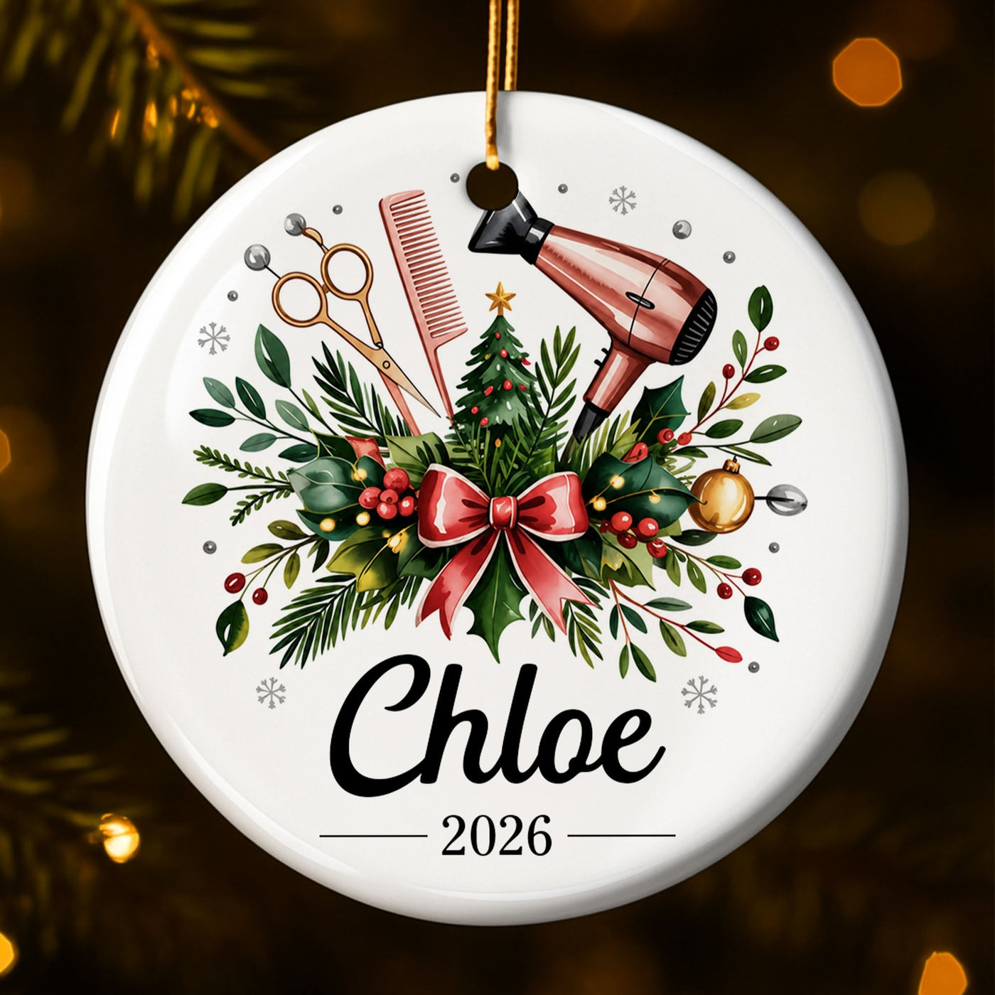 A Talented Hair Stylist Hair Dryer And Scissors Christmas Floral - Personalized Custom Ceramic Ornament With Round Shape - HAIR164_RCE