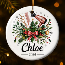 A Talented Hair Stylist Hair Dryer And Scissors Christmas Floral - Personalized Custom Ceramic Ornament With Round Shape - HAIR164_RCE
