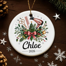 A Talented Hair Stylist Hair Dryer And Scissors Christmas Floral - Personalized Custom Ceramic Ornament With Round Shape - HAIR164_RCE