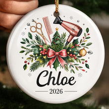 A Talented Hair Stylist Hair Dryer And Scissors Christmas Floral - Personalized Custom Ceramic Ornament With Round Shape - HAIR164_RCE