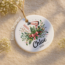 A Talented Hair Stylist Hair Dryer And Scissors Christmas Floral - Personalized Custom Ceramic Ornament With Round Shape - HAIR164_RCE