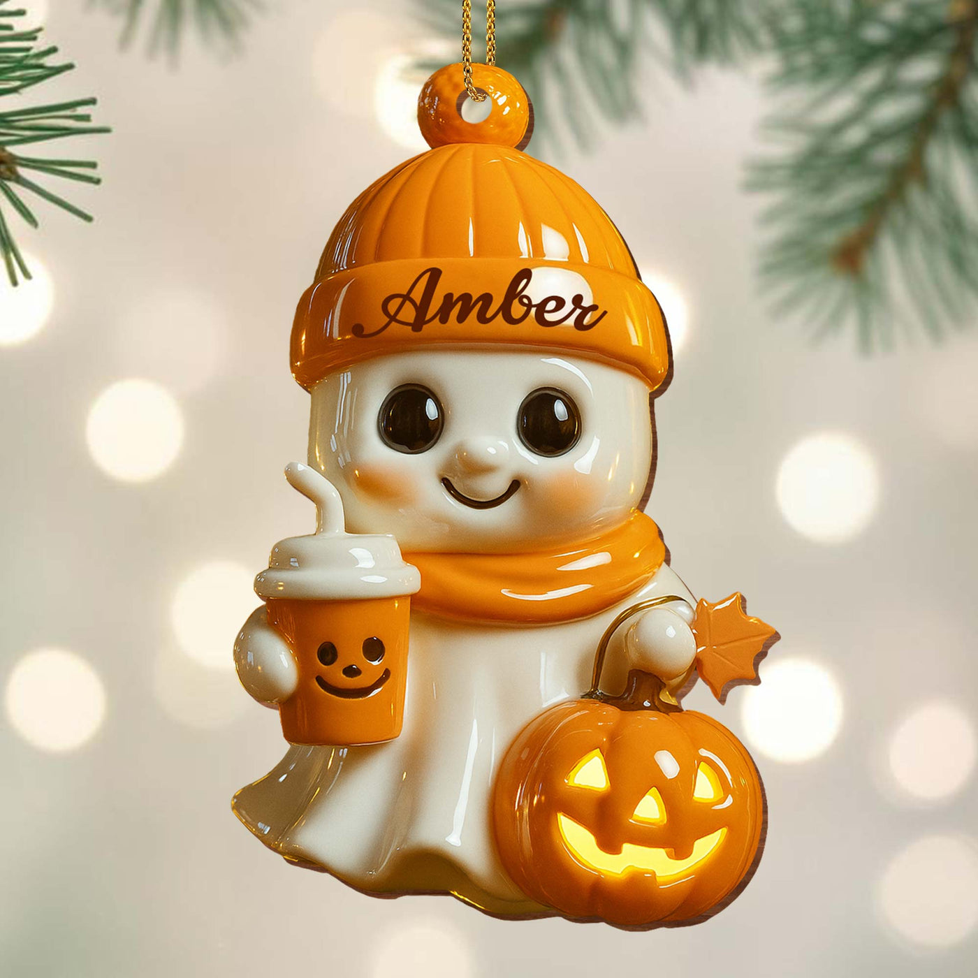 Celebrate Cozy Autumn Vibes Ghost and Pumpkin - Personalized Custom Wood Ornament, Custom Shaped - HALW020_WDO