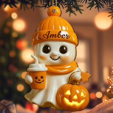 Celebrate Cozy Autumn Vibes Ghost and Pumpkin - Personalized Custom Wood Ornament, Custom Shaped - HALW020_WDO