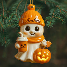 Celebrate Cozy Autumn Vibes Ghost and Pumpkin - Personalized Custom Wood Ornament, Custom Shaped - HALW020_WDO