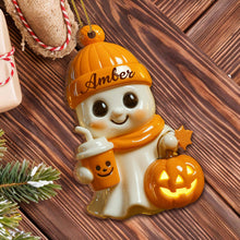Celebrate Cozy Autumn Vibes Ghost and Pumpkin - Personalized Custom Wood Ornament, Custom Shaped - HALW020_WDO