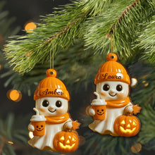 Celebrate Cozy Autumn Vibes Ghost and Pumpkin - Personalized Custom Wood Ornament, Custom Shaped - HALW020_WDO