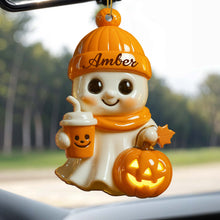 Celebrate Cozy Autumn Vibes Ghost and Pumpkin - Personalized Custom Wood Ornament, Custom Shaped - HALW020_WDO