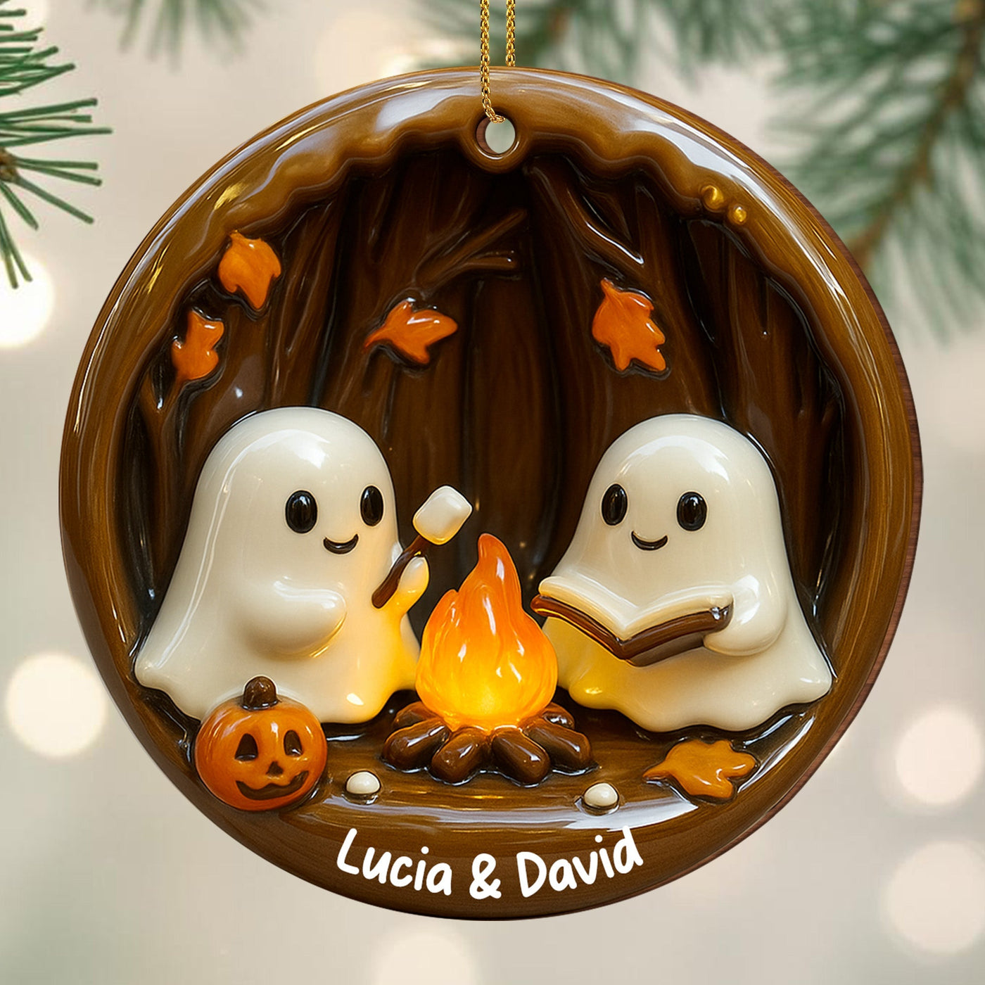 Cozy Halloween Campfire Scene With Ghosts And Pumpkin - Personalized Custom Wood Ornament, Custom Shaped - HALW029_WDO