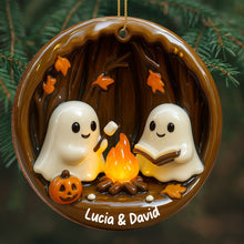 Cozy Halloween Campfire Scene With Ghosts And Pumpkin - Personalized Custom Wood Ornament, Custom Shaped - HALW029_WDO