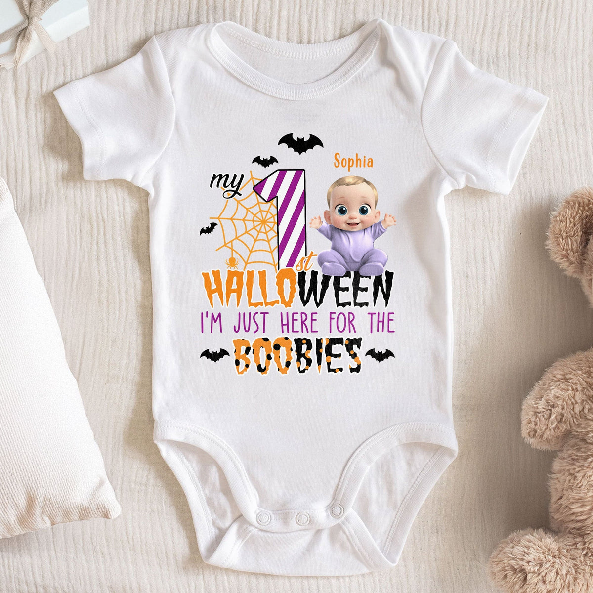 My First Halloween Just Here For The Boobies - Personalized Custom Baby Onesie - HALW031_ONES