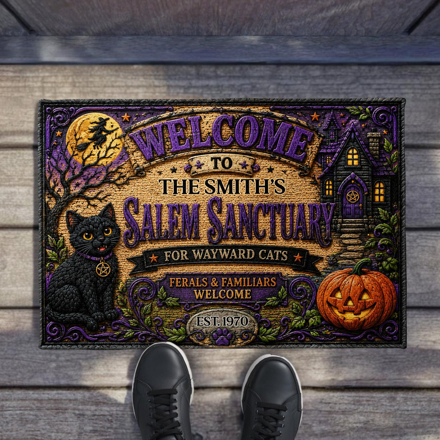 Welcome To Our Salem Sanctuary Black Cat And Pumpkin - Personalized Custom Doormat - HALW110_DRM