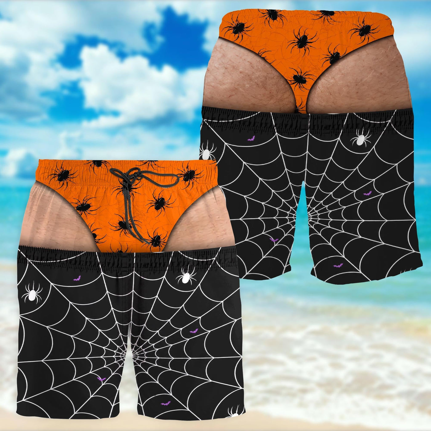 Spooky Vibes Creepy Spiders And Webs Funny Illusion Design - Personalized Men's Beach Shorts - HALW166_MEBES