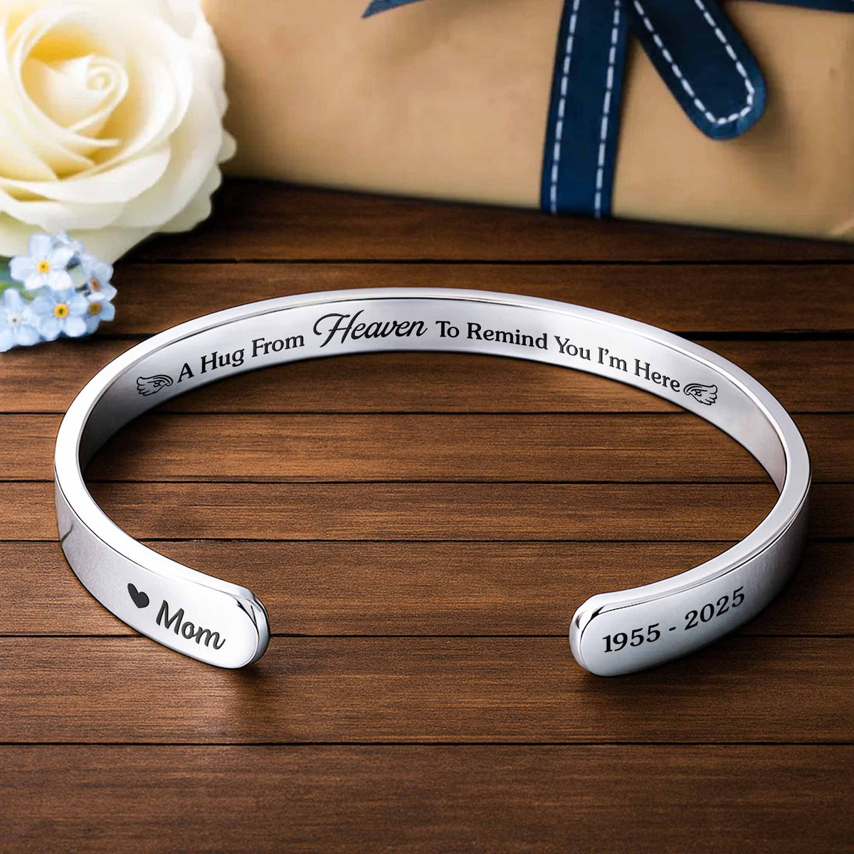 A Hug From Heaven Bracelet With Heart And Angel Wings - Personalized Custom Bracelet Cuff - HME366_BCUF
